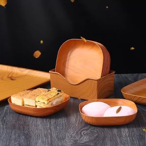 Psgcollections 12pcs plate set kitchen square plate plastic plates 14cm Fruit Dish Lightweight Creative Imitation Wood Grain Plastic Spit Bone Box Afternoon Tea Snack Tray Wood Grain Plate High Value Fruit Plate