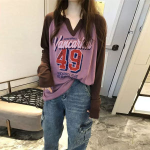 Color Block Long Sleeve Womens T-shirt Loose Fit Base Layer Shirt plus Size Trendy Brand Cotton V-neck Mid-length Body Shirt