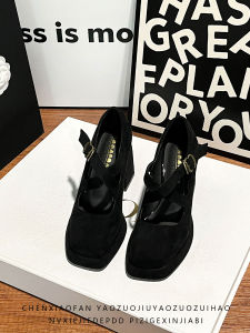 Waterproof Platform High Heels Womens Spring Autumn New Style Black Velvet Square Head Mary Jane Single Shoes Korean Style