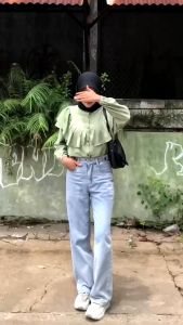 Blouse Ruffle Katun Polo Linen Wanita Korea Style Terbaru Lengan Panjang Karet Rempel