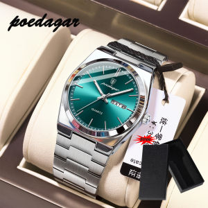 【With a Watch Box】POEDAGAR Top Brand Fashion Men Watches Luxury Business Man Wristwatch Waterproof Luminous Date Week Quartz Watches Stainless Steel Strap High Quality Mens Watch 930G + Watch Box