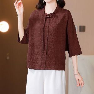Classy Silk Silk Temperamental Mother Summer Shirt Womens Three-Quarter Sleeve Tops Elegance Small Shirt Chinese Style Shirt