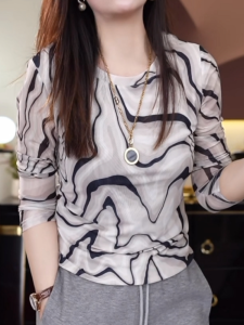 Fashionable Printed Mesh Base Shirt Womens Long Sleeve Slim Fit T-Shirt Korean Style Commute Element Regular Thickness Autumn Wear