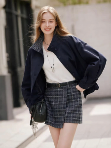 XIANGYING | Dark Blue Collar Short Jacket Small Women Loose