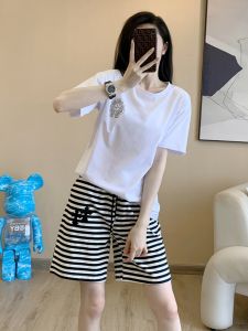 Hong Kong Style Blazer Set Women Summer Western Style Age-Reducing Versatile Print T-shirt Stripe Straight Shorts Two-piece Set