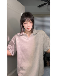 Light Grey V-Neck Short Sleeve T-Shirt Mens Summer American Retro Trendy Brand Shoulder Patchwork CleanFit Half Sleeve Body Tee