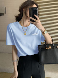 Áo Thun Cotton Tay Ngắn Mùa Hè Cho Nữ Dáng Rộng Thoải Mái Màu Xanh Sữa Đơn Giản in Chữ Phong Cách Sinh Viên