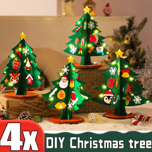 ชุดต้นคริสต์มาสสักหลาดขนาดเล็ก4ชิ้นพร้อมไฟประดับสวยงามสีสันสดใสอุปกรณ์งานฝีมือ DIY สำหรับตบแต่งตั้งโต๊ะสำหรับต้นคริสต์มาสแบบทำมือ