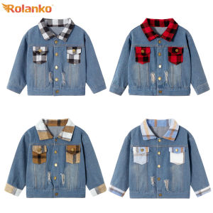 Rolanko Denim Jackets for Kids Teen Denim Coat Classic Basic Grid Splicing Style Boys’ Jean Coats Tops Outerwear Students Casual Wear 2-9 Years