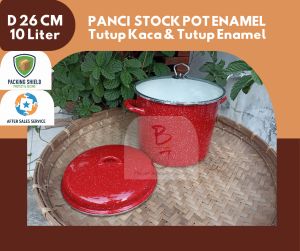 Panci Stockpot  10 Liter 26 CM Set 2 Tutup Ganda (Kaca & Enamel) Merah Blirik Enamel