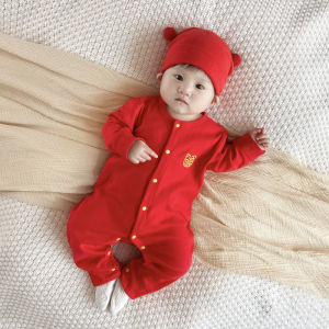 Baby Pure Cotton Jumpsuit Baby Full Moon Full Year Red Festive Clothes Newborn Chinese New Year Long Sleeves Jumpsuit