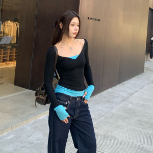 เสื้อยืดแขนยาวสองชิ้นสไตล์อเมริกันสำหรับผู้หญิง E7Q8 เสื้อเชิ้ตแขนยาวทรงสลิมฟิตสีบล็อกสไตล์หวานและเผ็ดร้อน