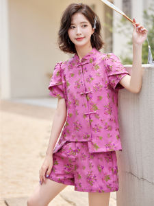ชุดสไตล์จีนใหม่แบบสั้น กางเกง ชุด ผู้หญิง แบบย้อนยุค งานปัก กระดุม ชุดแตงแบบดัดแปลง สองชิ้น ชุดสูท ฤดูร้อน ชุดแฟชั่น
