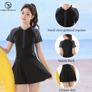 SUPERFLOWER Womens One-piece Swimsuit with Skirt Shorts and Detachable Chest Cushion - A Color Blocked Tankini Style Swimsuit with Built-in Safety Shorts