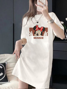 plus Size Extended Length Pure Cotton Short Sleeve Womens T-Shirt Summer Loose Midi Cartoon Printed Dress Comfortable Casual Top