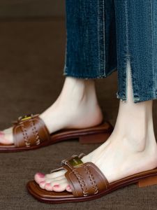 Handmade Leather Sandals Womens Soft Bottom Flat Sandals Summer Cool Slippers Commute Style Metal Element Casual Slip-On