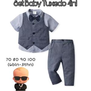 SETELAN PESTA ANAK BAYI LAKI TUXEDO 4in1 IMPORT KEMEJA LENGAN PENDEK VEST CELANA PANJANG BOWTIE