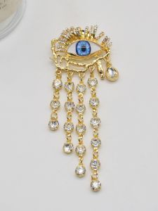 Blue Devil Eye Long Tassel Brooch Pin Elegant Retro Diamond Embedded Jacket Lapel Flower Womens Fashion Accessory