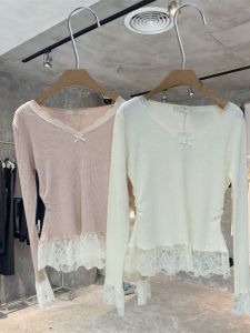 เสื้อสเวตเตอร์ถักแขนยาวคอวีลูกไม้ผสมผ้าฝ้ายโพลีเอสเตอร์สไตล์หวานสำหรับผู้หญิง ฤดูใบไม้ผลิและฤดูใบไม้ร่วง