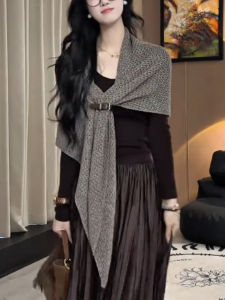 Gray Knitted Shawl Womens Loose Outerwear Autumn New Style Layering Scarf Coat Korean Version Casual V-neck Regular Sleeve