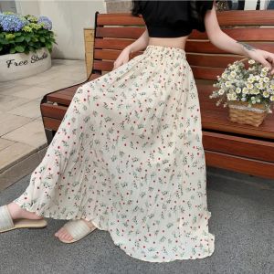 Bohemian Floral Midi Skirt Womens High Waist A-Line Pleated Summer Skirts Long Flared Pleats Polyester Fiber Korean Style