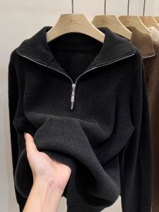 เสื้อตัวนอกไหมพรมสวมหัวทรงหลวมหนาพิเศษมีซิปครึ่งท่อนสำหรับผู้หญิงเสื้อตัวในผ้าถักนุ่มออกแบบพิเศษสำหรับฤดูใบไม้ร่วงและฤดูหนาวเสื้อใส่ด้านใน