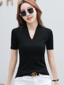 Black V-Neck Short Sleeve T-Shirt Womens Summer New Style Regular Fit Cotton Blend Moisture Wicking Classic Pattern Simple Commute