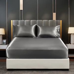 ICE Silk Satin Soft Silk Solid Cadar Single 2IN1 Queen Bedsheet 3in1 King Bedsheet 3in1 Getah Keliling Cotton fitted Bedsheet quilt cover 冰丝床单