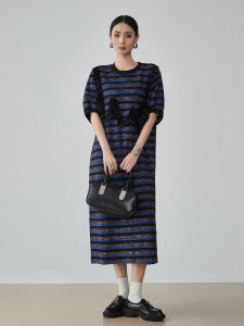 XIAODADEHUA | Blue Striped Design Wood Ear Patch T-Shirt Dress