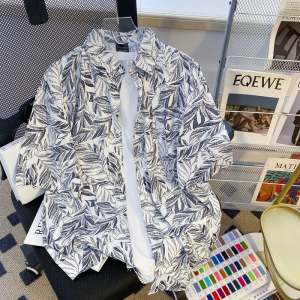 Summer Ice Silk Five-Quarter Sleeve Shirt Mens Floral Half Sleeve Casual Loose Short Sleeve Shirt Jacket Lightweight Menswear