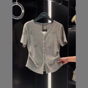 Gray Butterfly Rhinestone Short Sleeve V-Neck T-Shirt Womens Summer Fashionable Short Style High Waist Commute Korean Version