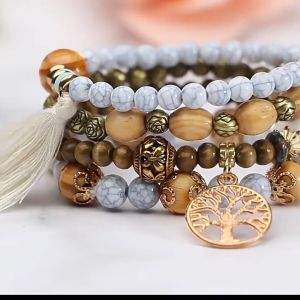 4Pcs Set Bohemia Tree Of Life Charm Beaded Bracelet Women Handmade Pendant Wood Beads Tassel Chain Bangle Adjustable Female Boho Jewelry