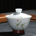 Japanese Style Ceramic Wood Combined New Style Tea Table Cover Bowl Hand-Painted Harmonious Wood Base Anti-Scratch Pear Wood Bottom. 