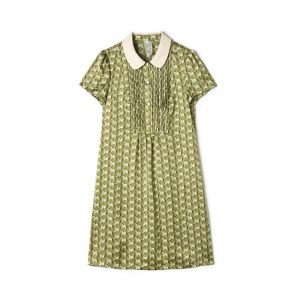 Spring Summer High Waist Printed Midi Dress Color Block Turn Collar Womens Dress Polyester Fiber Short Sleeve Casual Dress