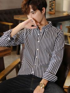 New 2025 Mens Striped Long Sleeve Shirt Stylish Youthful Spring Autumn Outerwear Standard Fit Color Woven Fabric Square Collar