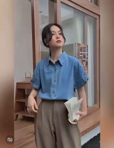 NANDO ATASAN KEMEJA WANITA KOREAN STYLE LENGAN PENDEK DENIM SNOW IMPORT BKK PREMIUM HQ