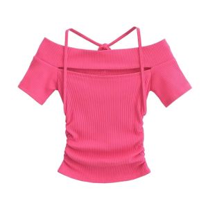 Áo Thun Nữ Jazz Dance One Shoulder Pure Desire Pink Barbie Color Band Design Sensual Bé Gái T-Shirt Short Length Long Sleeve