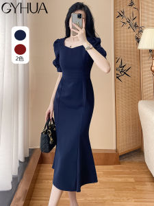 Elegant Long Summer Dress for Women with Puff Sleeves Mermaid Style Decorative Line Stereo Clipping Invisible Zipper