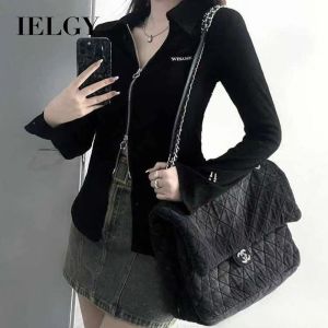 IELGY Chic and Slimming Black Polo-neck T-shirt with Zipper