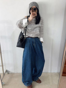 Deep Blue Wide Leg Denim Jeans Womens Loose Feelings Autumn New Style American Retro Casual Knife Edge Pants