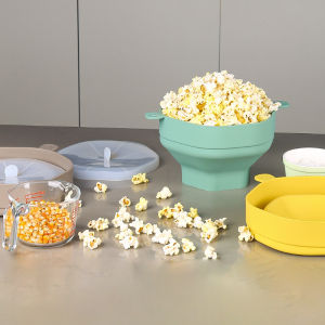 ซิลิโคนไมโครเวฟชามข้าวโพดคั่วแบบพับได้ PopCorn Maker ถังชามพร้อมฝาปิดพับขนาดใหญ่ความจุ PopCorn ครัวเบเกอรี่เครื่องมือ