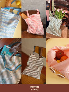 Fashionable Striped Canvas Tote Bag with Butterfly Knot Embroidery Single Shoulder Spring Summer Bag for Men And Women