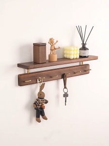 ชั้นวางติดผนังไม้ดำวอลนัทแท้แบบแผ่น พร้อมตะขอทองเหลือง - ใช้ตกแต่งและจัดเก็บในห้องนอน ห้องทำงาน ทางเข้าบ้าน