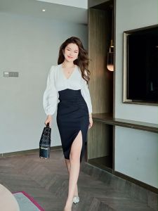 ZYHT eravogue đầm body chân váy nữ Quần áo đi làm chuyên nghiệp mới của phụ nữ Đầm ôm sát màu đen trắng tương phản 6048