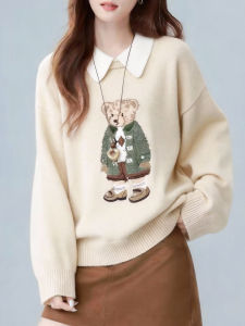 QINGNAER | Campus Style Bear Embroidered Color Block Turn-Down Collar Oversized Knit Sweater
