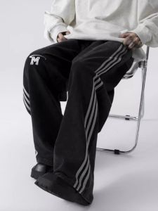 Casual Grey Floral Knife Pants Womens Loose Straight Leg Trousers Wide Leg Long Pants Street Style Polyester Fiber Straight Cut