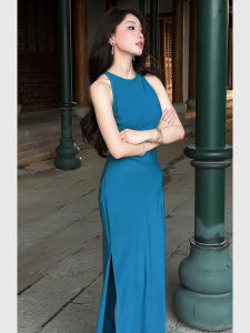 QFN | Peacock Blue Halterneck High Waist Fitted Dress