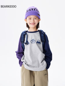 Camping Style Long Sleeve T-Shirt Shoulder Insert Design Soft Cotton Base Layer Shirt for Boys Spring Fashionable Childrens Wear