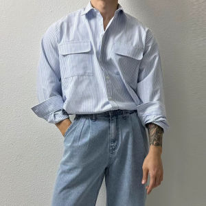 INCERUN Korean Style Men Double Pocket Design Striped Shirt Stylish Solid Lapel Long Sleeve Blouse Tops