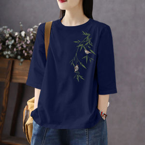 Womens Loose Fit Cotton T-Shirt 3/4 Sleeve Summer Fashion plus Size Slimming Belly Covering Trendy Shoulder Level Top